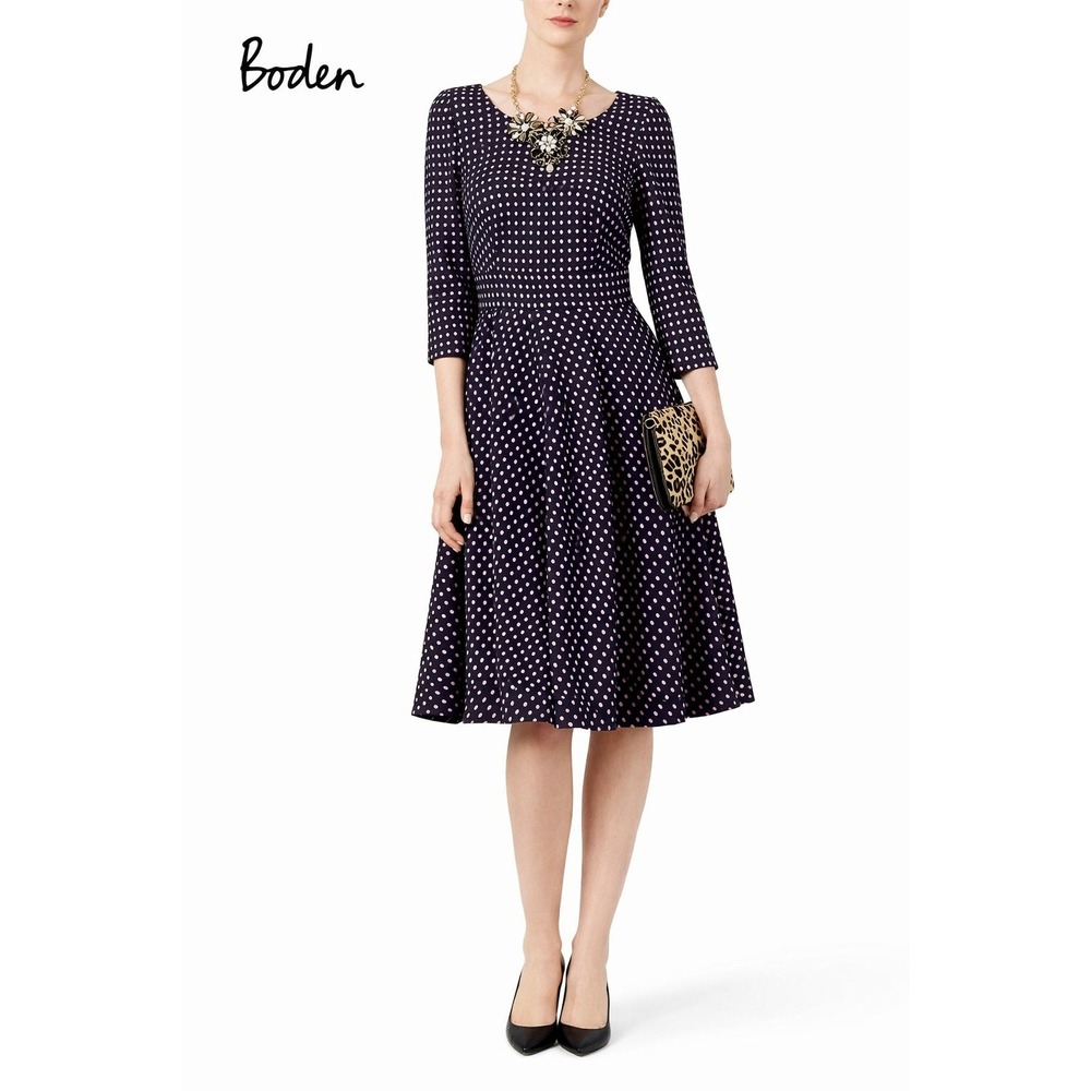 Boden Women's Black Lilac Kate Polka Dot Fit & Flare Wool Midi Dress Size 6